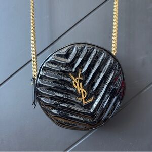 Yves Saint Laurent Glossy Black and Gold Chevron Crossbody Bag